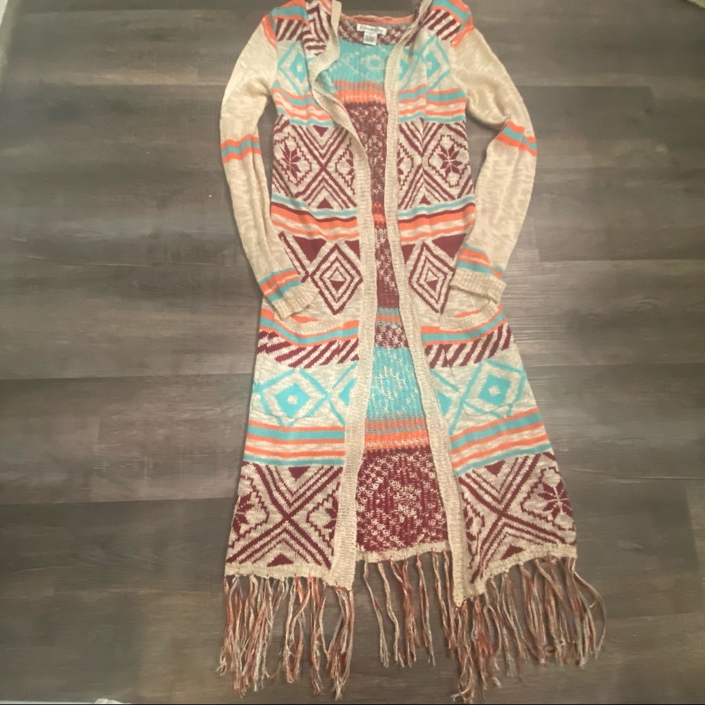 Demanding Aztec tribal duster long  fringe cardigan sweater small
